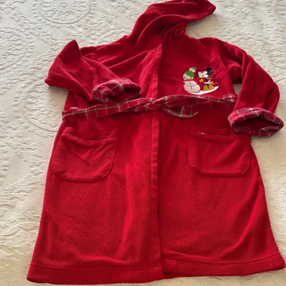 Gently Loved Red Hooded Robe with Embroidered Snowman & Vintage Mickey “Unisex”